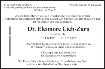 Traueranzeige von Eleonore Lieb-Zürn von Eßlinger Zeitung/Cannstatter Zeitung