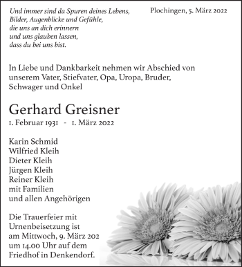 Traueranzeige von Gerhard Greisner von Eßlinger Zeitung/Cannstatter Zeitung