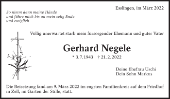 Traueranzeige von Gerhard Negele von Eßlinger Zeitung/Cannstatter Zeitung