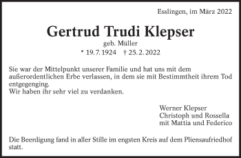 Traueranzeige von Gertrud Trudi Klepser von Eßlinger Zeitung/Cannstatter Zeitung