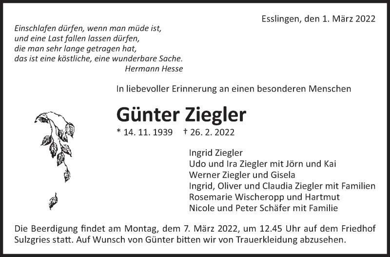  Traueranzeige für Günter Ziegler vom 01.03.2022 aus Eßlinger Zeitung/Cannstatter Zeitung