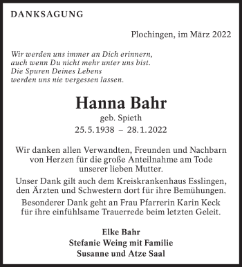 Traueranzeige von Hanna Bahr von Eßlinger Zeitung/Cannstatter Zeitung