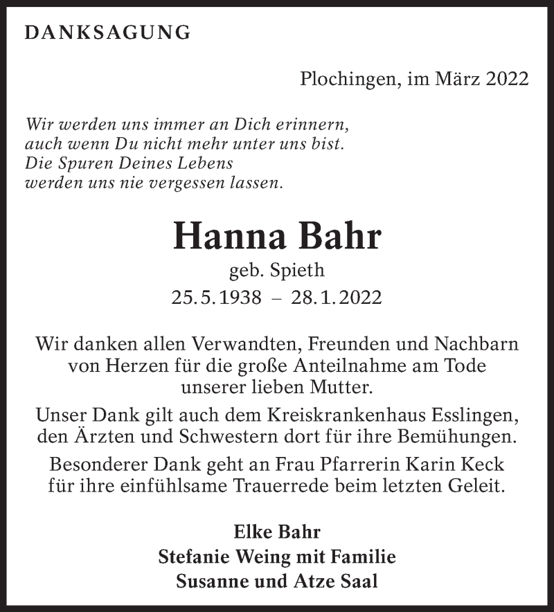  Traueranzeige für Hanna Bahr vom 12.03.2022 aus Eßlinger Zeitung/Cannstatter Zeitung