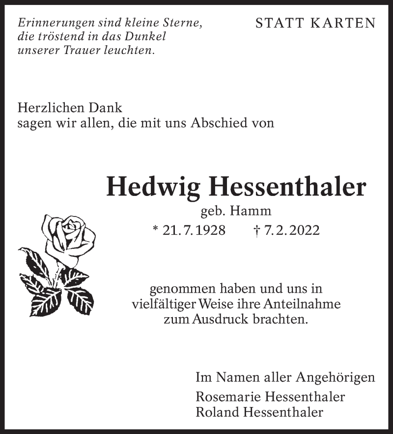  Traueranzeige für Hedwig Hessenthaler vom 04.03.2022 aus Eßlinger Zeitung/Cannstatter Zeitung