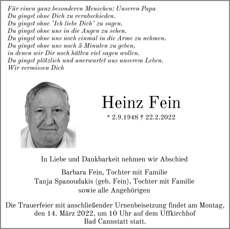  Traueranzeige für Heinz Fein vom 12.03.2022 aus Eßlinger Zeitung/Cannstatter Zeitung