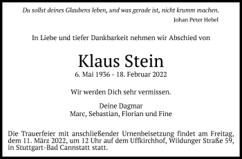 Traueranzeige von Klaus Stein von Eßlinger Zeitung/Cannstatter Zeitung