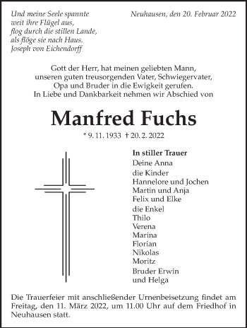 Traueranzeige von Manfred Fuchs von Eßlinger Zeitung/Cannstatter Zeitung