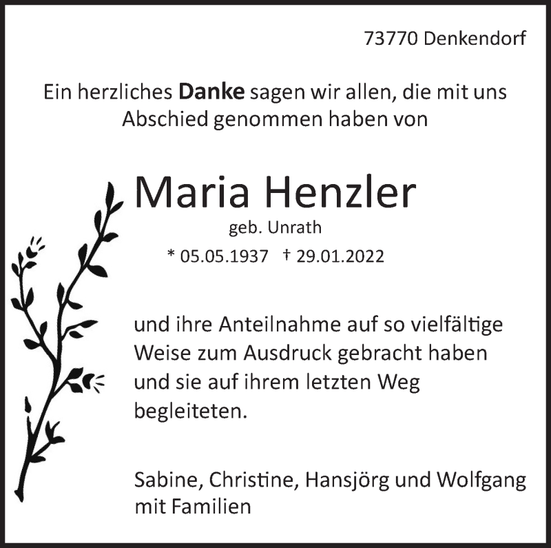  Traueranzeige für Maria Henzler vom 19.03.2022 aus Eßlinger Zeitung/Cannstatter Zeitung