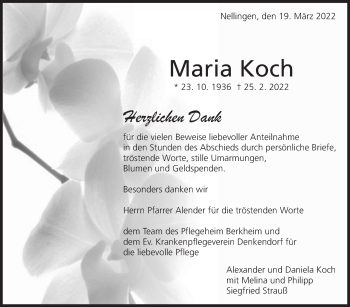 Traueranzeige von Maria Koch von Eßlinger Zeitung/Cannstatter Zeitung