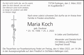 Traueranzeige von Maria Koch von Eßlinger Zeitung/Cannstatter Zeitung