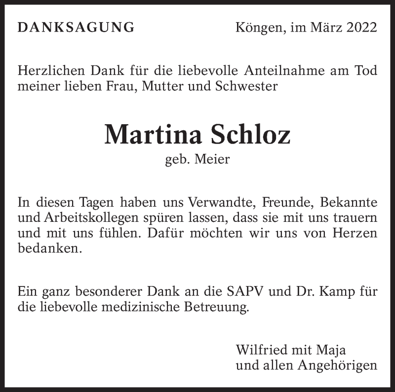  Traueranzeige für Martina Schloz vom 03.03.2022 aus Eßlinger Zeitung/Cannstatter Zeitung