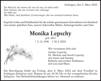Traueranzeige von Monika Lepschy von Eßlinger Zeitung/Cannstatter Zeitung