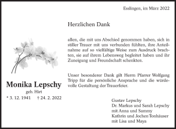 Traueranzeige von Monika Lepschy von Eßlinger Zeitung/Cannstatter Zeitung