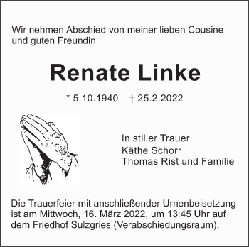 Traueranzeige von Renate Linke von Eßlinger Zeitung/Cannstatter Zeitung