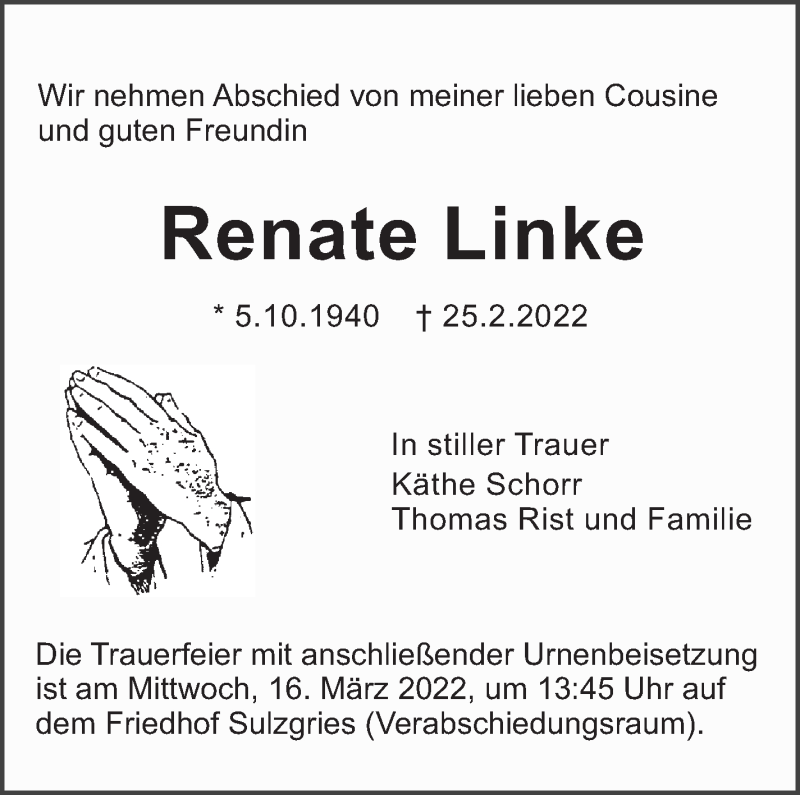  Traueranzeige für Renate Linke vom 12.03.2022 aus Eßlinger Zeitung/Cannstatter Zeitung