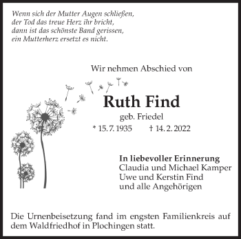 Traueranzeige von Ruth Find von Eßlinger Zeitung/Cannstatter Zeitung
