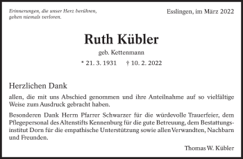 Traueranzeige von Ruth Kübler von Eßlinger Zeitung/Cannstatter Zeitung