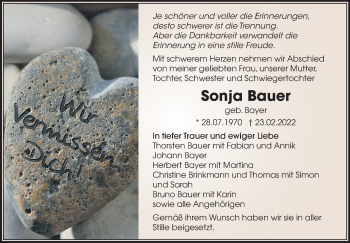 Traueranzeige von Sonja Bauer von Eßlinger Zeitung/Cannstatter Zeitung