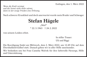 Traueranzeige von Stefan Hägele von Eßlinger Zeitung/Cannstatter Zeitung