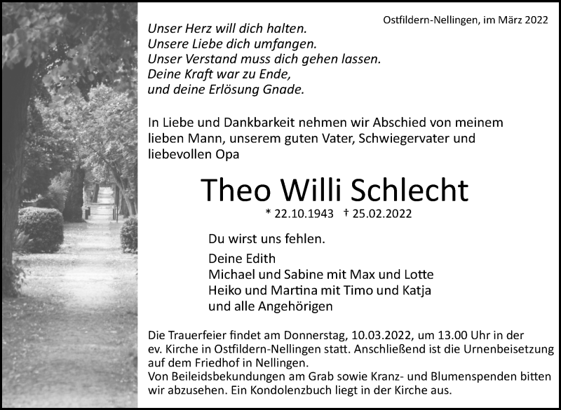  Traueranzeige für Theo Willi Schlecht vom 03.03.2022 aus Eßlinger Zeitung/Cannstatter Zeitung