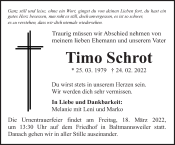 Traueranzeige von Timo Schrot von Eßlinger Zeitung/Cannstatter Zeitung