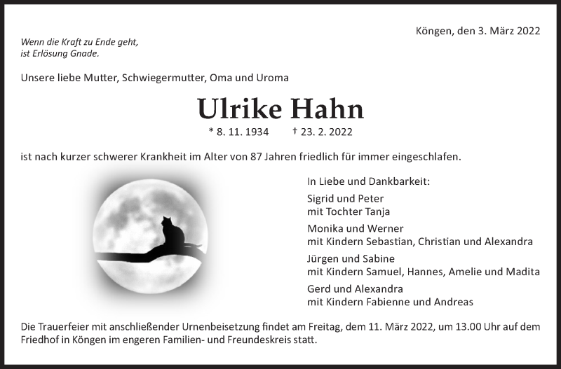  Traueranzeige für Ulrike Hahn vom 03.03.2022 aus Eßlinger Zeitung/Cannstatter Zeitung
