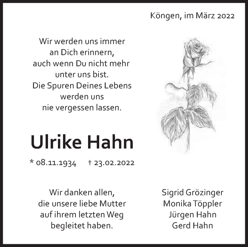  Traueranzeige für Ulrike Hahn vom 24.03.2022 aus Eßlinger Zeitung/Cannstatter Zeitung