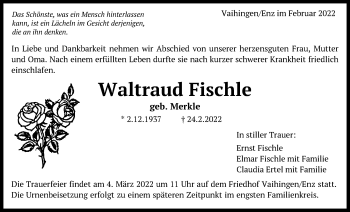 Traueranzeige von Waltraud Fischle von Eßlinger Zeitung/Cannstatter Zeitung