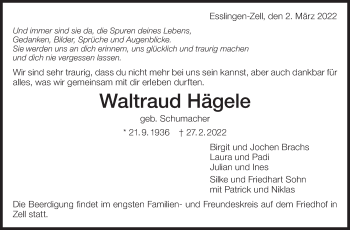 Traueranzeige von Waltraud Hägele von Eßlinger Zeitung/Cannstatter Zeitung