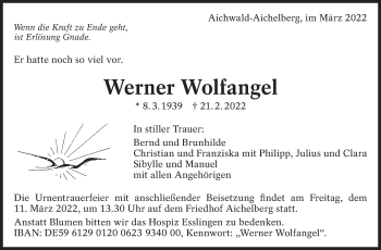 Traueranzeige von Werner Wolfangel von Eßlinger Zeitung/Cannstatter Zeitung