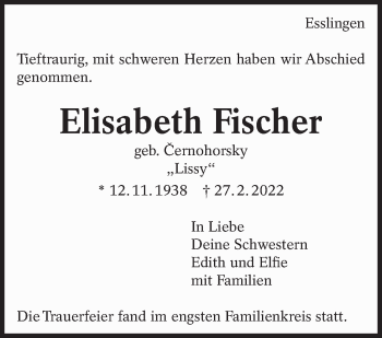 Traueranzeige von Elisabeth Fischer von Eßlinger Zeitung/Cannstatter Zeitung