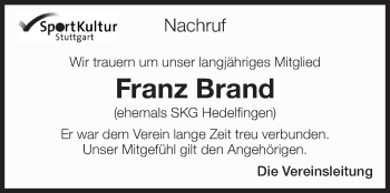 Traueranzeige von Franz Brand von Eßlinger Zeitung/Cannstatter Zeitung