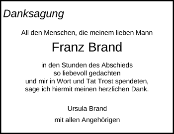 Traueranzeige von Franz Brand von Eßlinger Zeitung/Cannstatter Zeitung