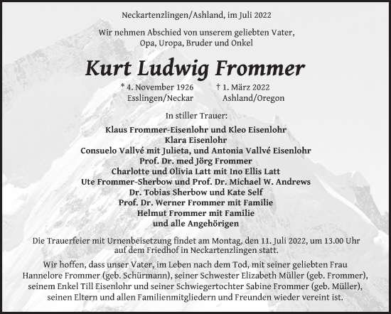 Traueranzeige von Kurt Ludwig Frommer von Eßlinger Zeitung/Cannstatter Zeitung