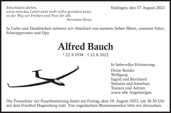 Traueranzeige von Alfred Bauch von Eßlinger Zeitung/Cannstatter Zeitung
