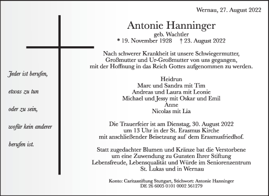 Traueranzeige von Antonie Hanninger von Eßlinger Zeitung/Cannstatter Zeitung