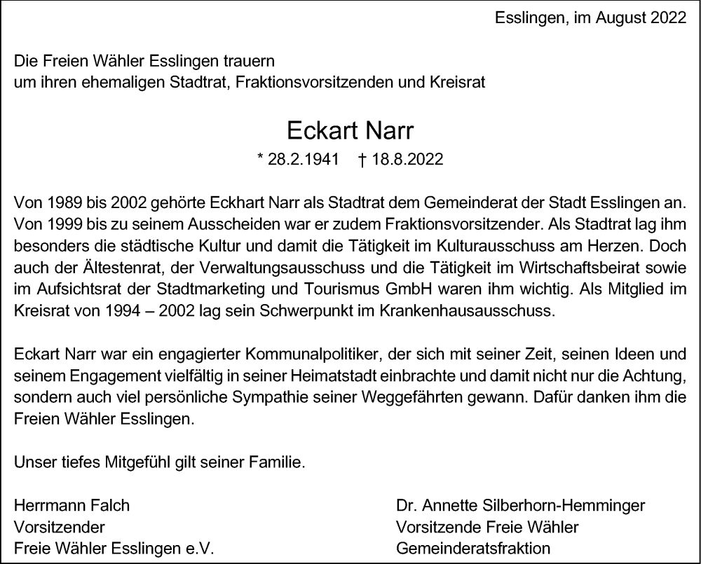  Traueranzeige für Eckart Narr vom 24.08.2022 aus Eßlinger Zeitung/Cannstatter Zeitung