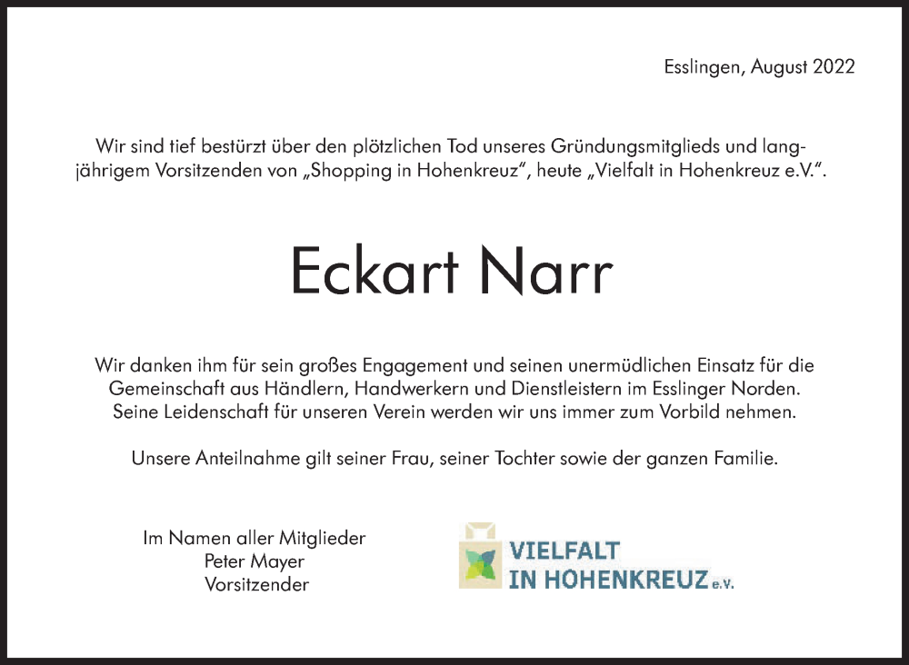  Traueranzeige für Eckart Narr vom 27.08.2022 aus Eßlinger Zeitung/Cannstatter Zeitung