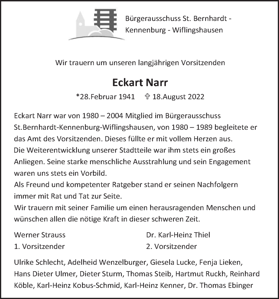  Traueranzeige für Eckart Narr vom 26.08.2022 aus Eßlinger Zeitung/Cannstatter Zeitung