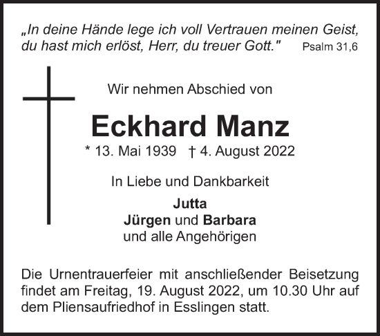 Traueranzeige von Eckhard Manz von Eßlinger Zeitung/Cannstatter Zeitung