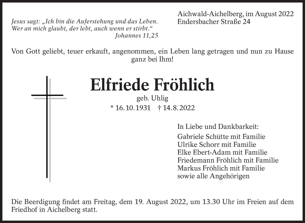  Traueranzeige für Elfriede Fröhlich vom 17.08.2022 aus Eßlinger Zeitung/Cannstatter Zeitung