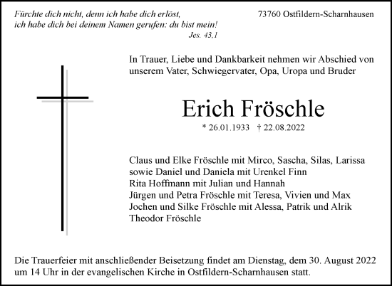 Traueranzeige von Erich Fröschle von Eßlinger Zeitung/Cannstatter Zeitung