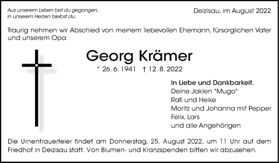 Traueranzeige von Georg Krämer von Eßlinger Zeitung/Cannstatter Zeitung