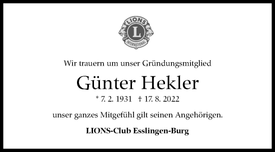Traueranzeige von Günter Hekler von Eßlinger Zeitung/Cannstatter Zeitung