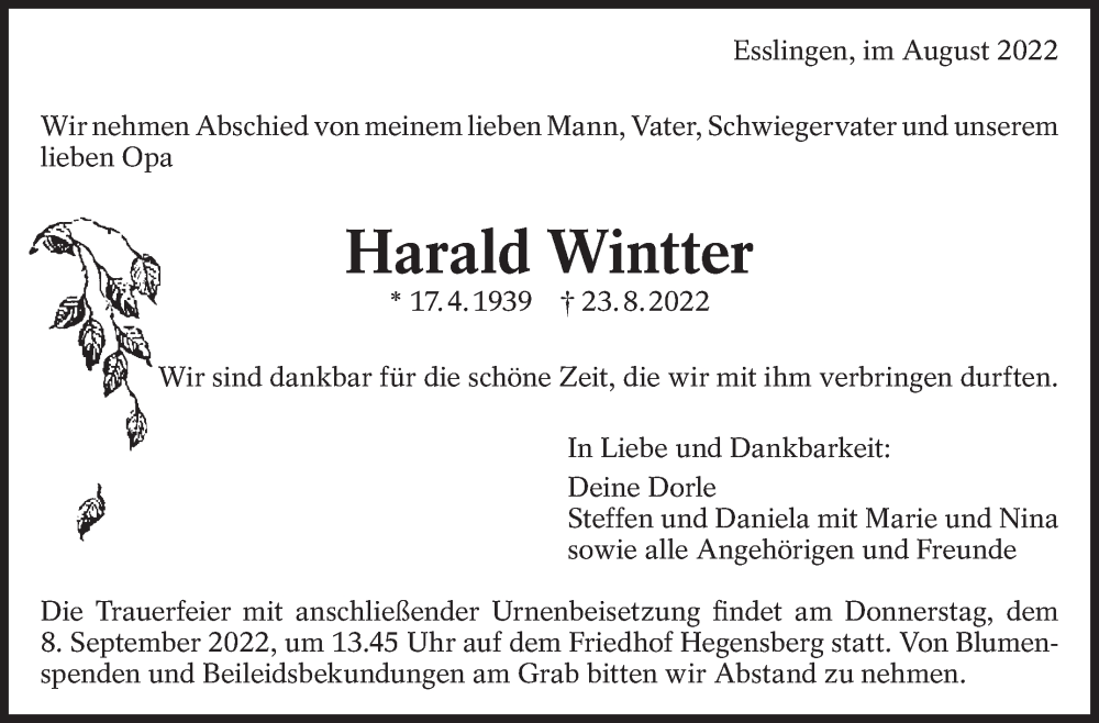  Traueranzeige für Harald Wintter vom 27.08.2022 aus Eßlinger Zeitung/Cannstatter Zeitung