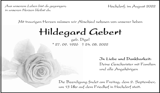 Traueranzeige von Hildegard Gebert von Eßlinger Zeitung/Cannstatter Zeitung