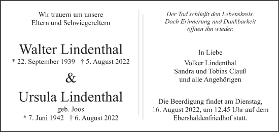 Traueranzeige von Walter Lindenthal von Eßlinger Zeitung/Cannstatter Zeitung