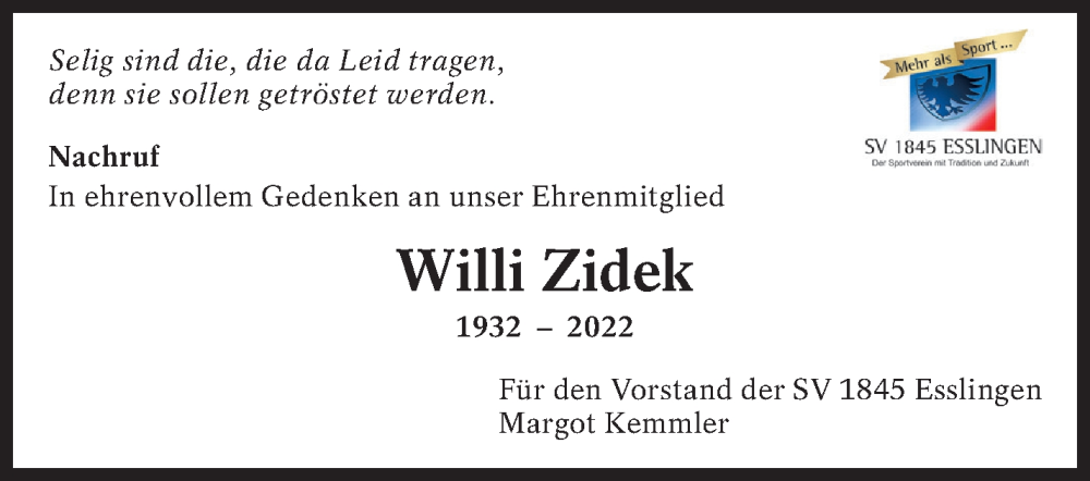  Traueranzeige für Willi Zidek vom 04.08.2022 aus Eßlinger Zeitung/Cannstatter Zeitung