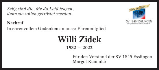 Traueranzeige von Willi Zidek von Eßlinger Zeitung/Cannstatter Zeitung
