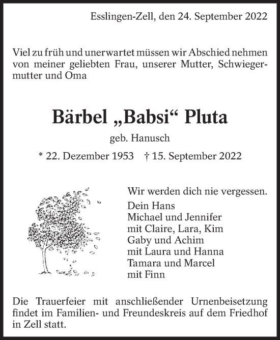 Traueranzeige von Bärbel Pluta von Eßlinger Zeitung/Cannstatter Zeitung